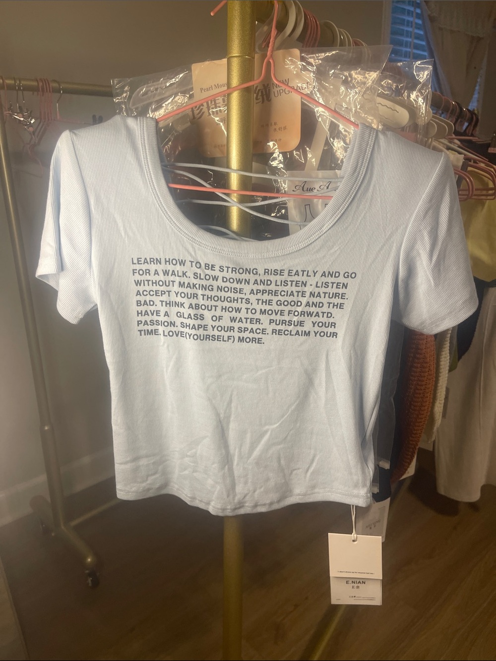 Light Blue Scoop Neck Crop Tee with Inspirational Quote - (Brand Unspecified)